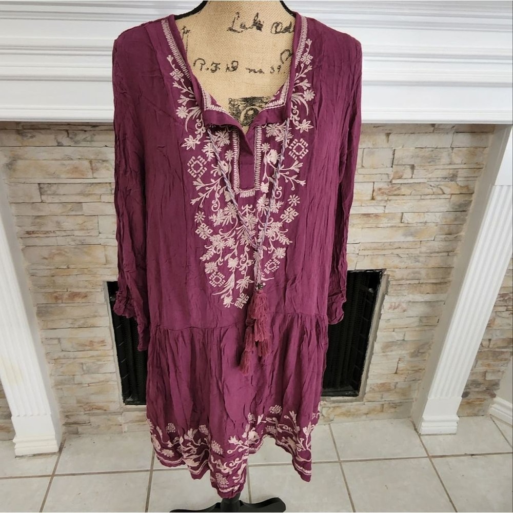 Knox Rose‎ eggplant floral embroidered boho lace long sleeve dress size XXL NEW